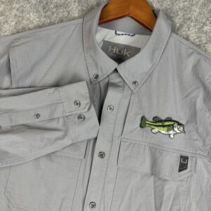 Huk Button Up Mens XL Gray Performance Fishing Vented LS Bass Embroidered